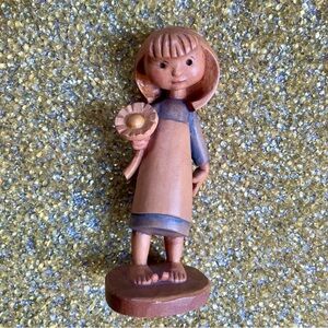 Anri Wooden Sculpture Girl Holding Flower